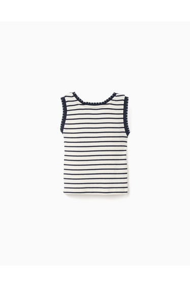 SleeveleRibbed Cotton Top With Stripes For Girls White Dark Blue
