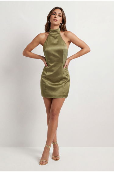 High Neck Halter Panelled Satin Mini Dress