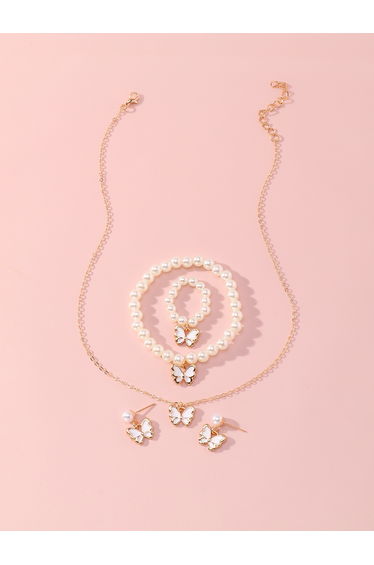 Set of 4 - Butterfly Pendant Faux Pearl Necklace, Bracelet, Earrings and Ring