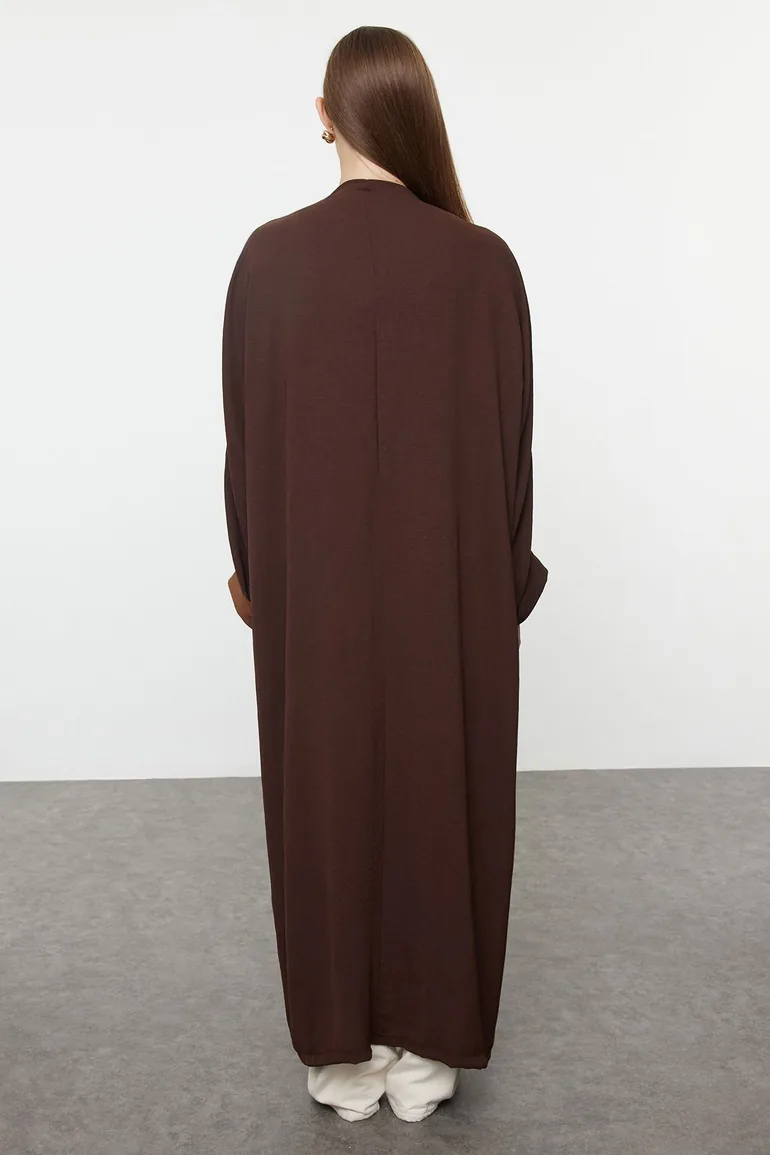 Brown Color Blocked Long Woven Cap & Abaya - 1