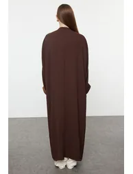 Brown Color Blocked Long Woven Cap & Abaya - 1