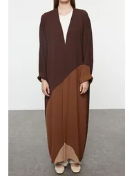 Brown Color Blocked Long Woven Cap & Abaya - 2