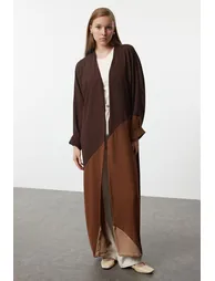 Brown Color Blocked Long Woven Cap & Abaya - 4
