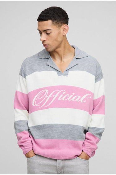 Oversized Revere Collar Knit Polo Jumper - pink