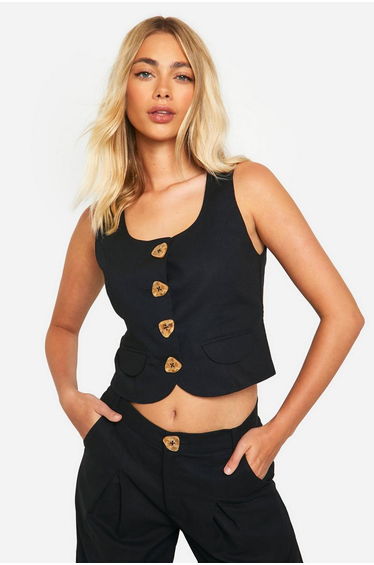 Linen Look Scoop Neck Waistcoat - black
