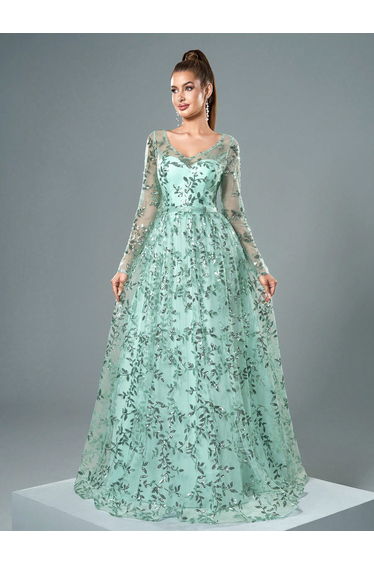 Leely V Neck Long Sleeve Prom Dress