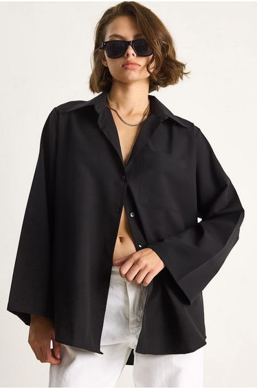 Women's Wide Sleeve Single Pocket Detail Oversize Basic Poplin Shirt