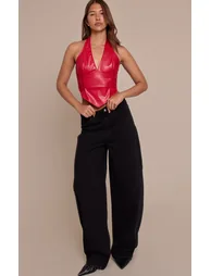 Red Faux Leather Halterneck Crop Top - 2