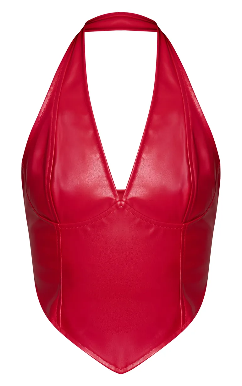 Red Faux Leather Halterneck Crop Top - 4