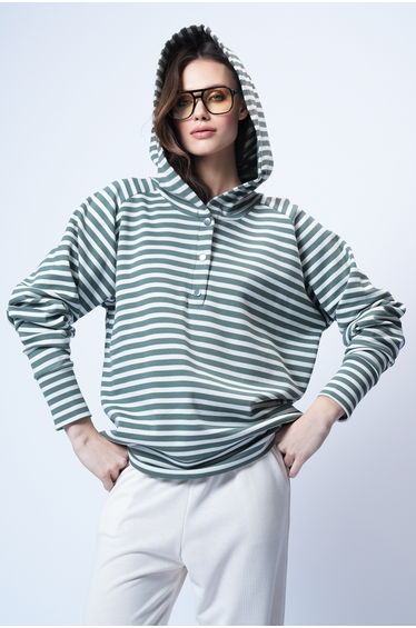 Women's Ecru Green Hooded Snap Closure Oversized Sweatshirt