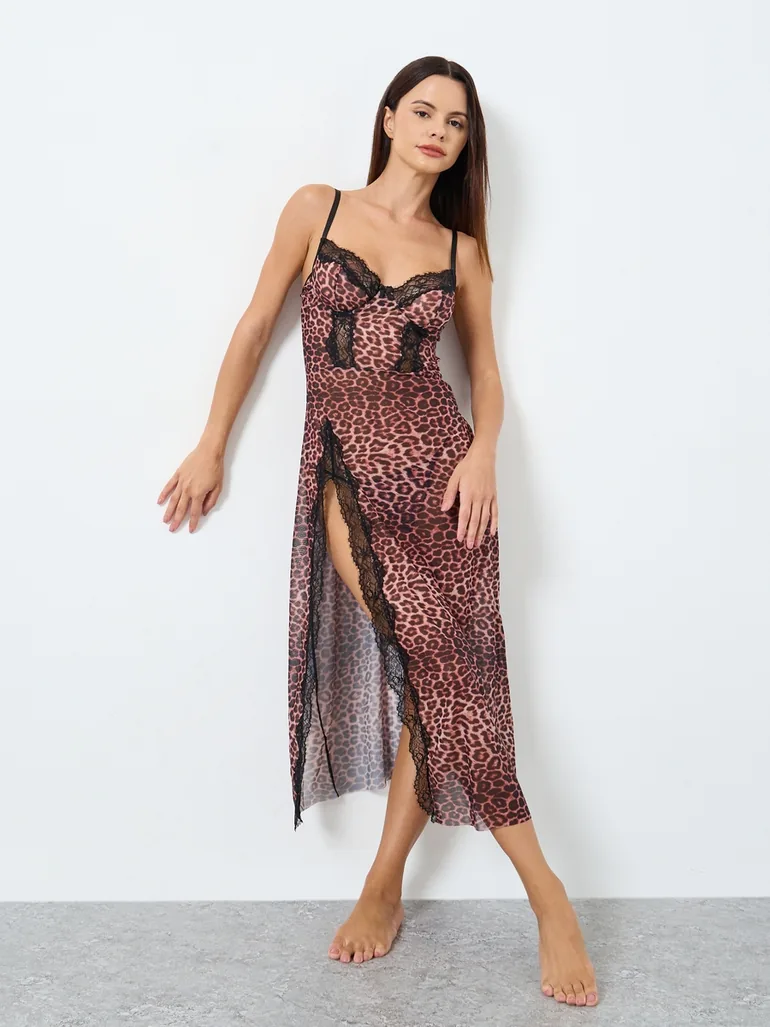 Leopard Print Lace Detail High Slit Slip Dress with Brief Take Two  Multicolour : Lingerie : VogaCloset Oman