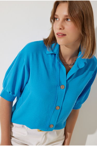 Women's Blue Balloon Sleeve Linen Ayrobin Shirt