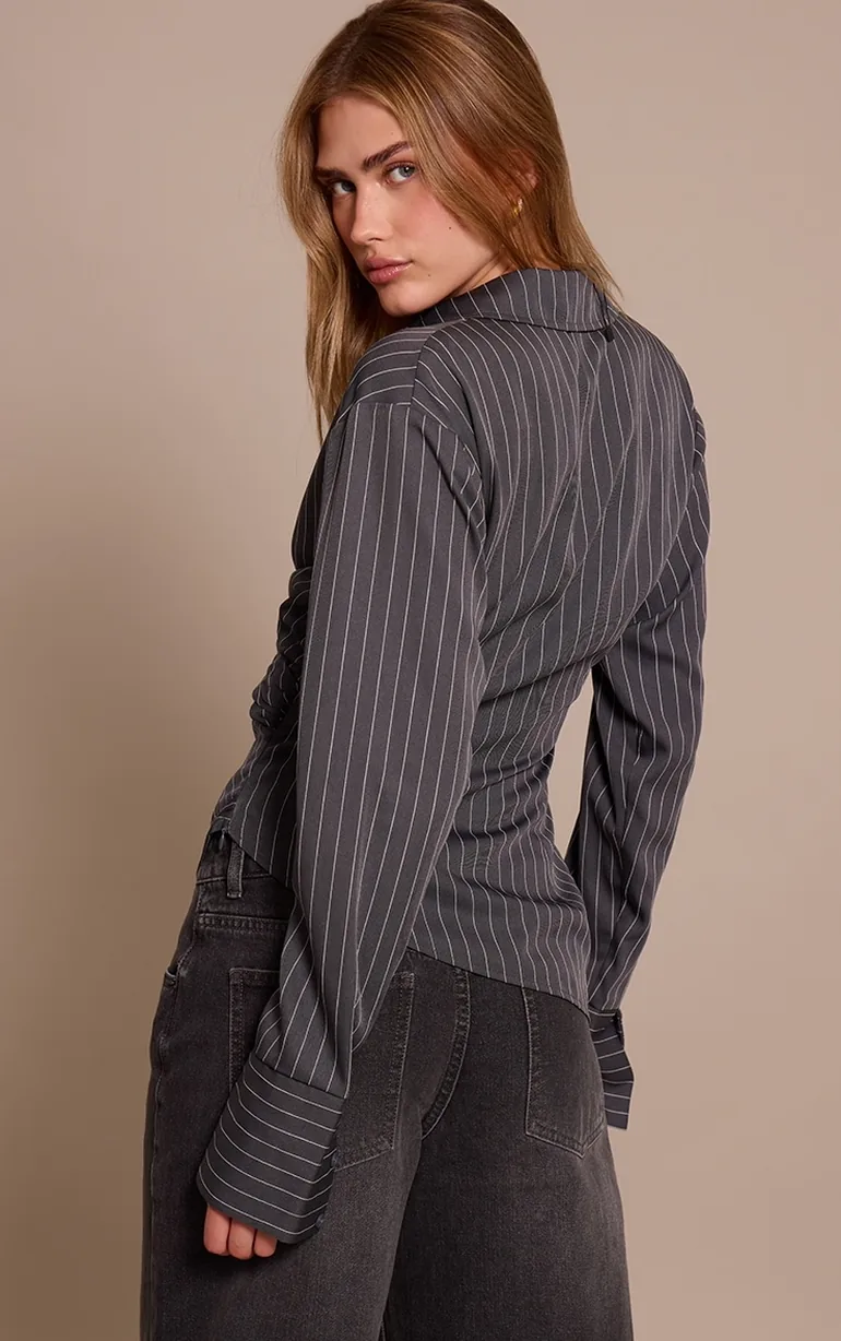 Grey Pinstripe Ruched Wrap Detail Long Sleeve Shirt - 2