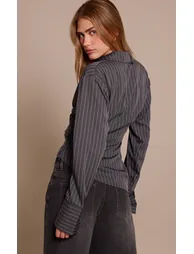 Grey Pinstripe Ruched Wrap Detail Long Sleeve Shirt - 2