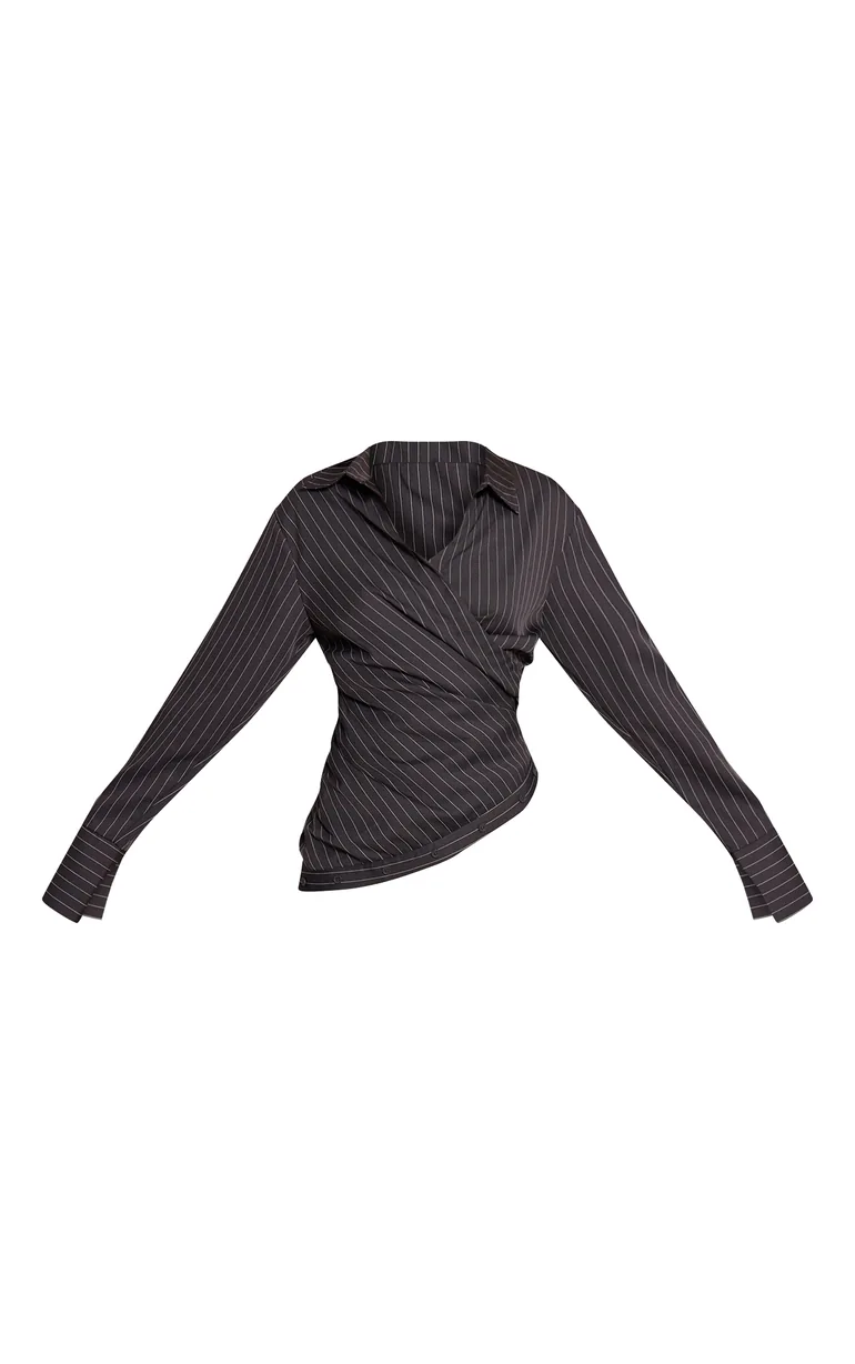 Grey Pinstripe Ruched Wrap Detail Long Sleeve Shirt - 4