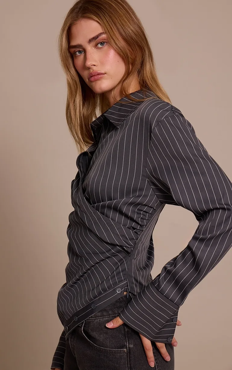 Grey Pinstripe Ruched Wrap Detail Long Sleeve Shirt - 3