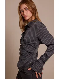 Grey Pinstripe Ruched Wrap Detail Long Sleeve Shirt - 3