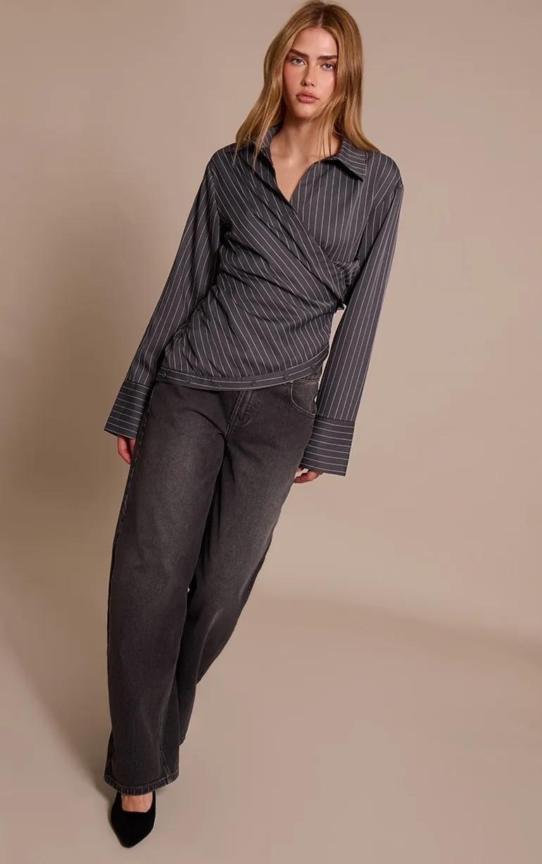 Grey Pinstripe Ruched Wrap Detail Long Sleeve Shirt