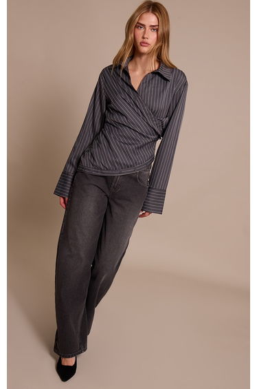 Grey Pinstripe Ruched Wrap Detail Long Sleeve Shirt
