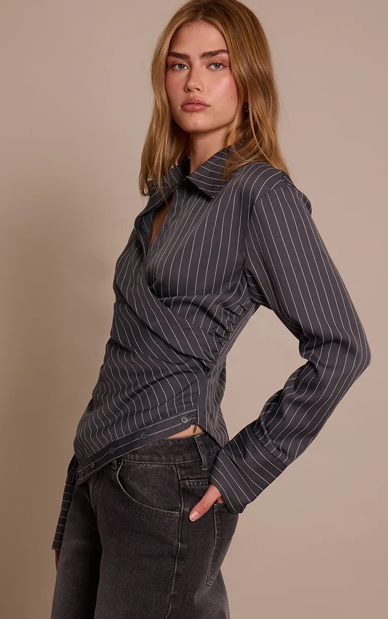 Grey Pinstripe Ruched Wrap Detail Long Sleeve Shirt - 1