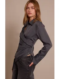 Grey Pinstripe Ruched Wrap Detail Long Sleeve Shirt - 1