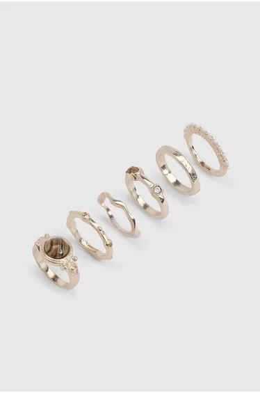 Stone Detail Rings 6 Pack - gold