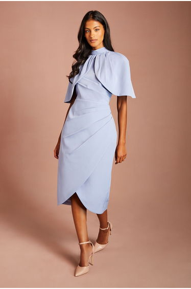 Petite Cape Sleeve Wrap Skirt Midi Dress