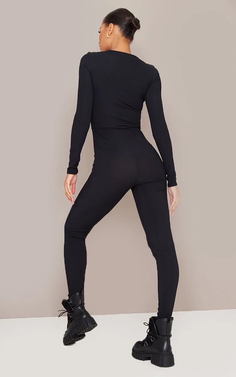 Black Ribbed Long Sleeve Scoop Neck Jumpsuit - 1