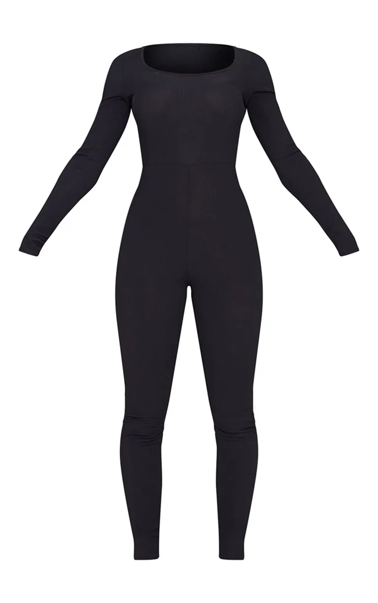 Black Ribbed Long Sleeve Scoop Neck Jumpsuit - 4