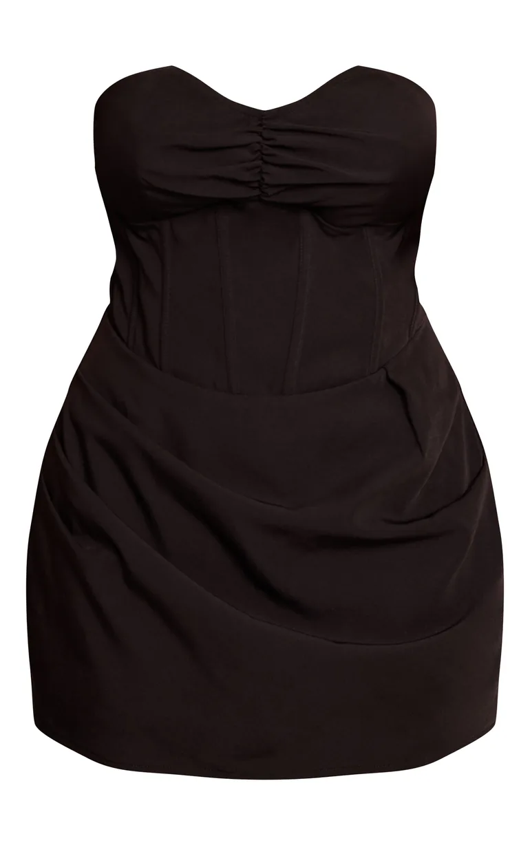 corset bandeau mini dress PrettyLittleThing Women's Petite Bandeau Corset Detail Ruffle Hem Mini Dress in Black
