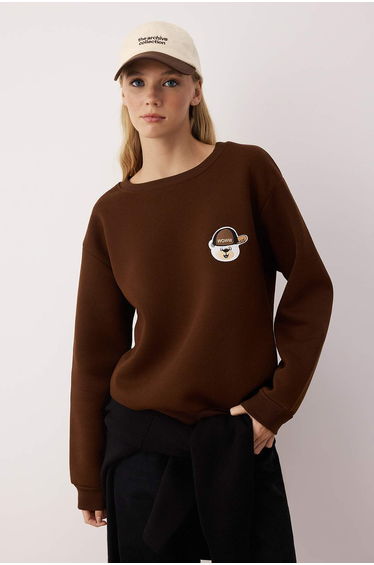Brown Thick Fleece Crew Neck Bear Embroidered Regular Cut Knitted Sweatshirt