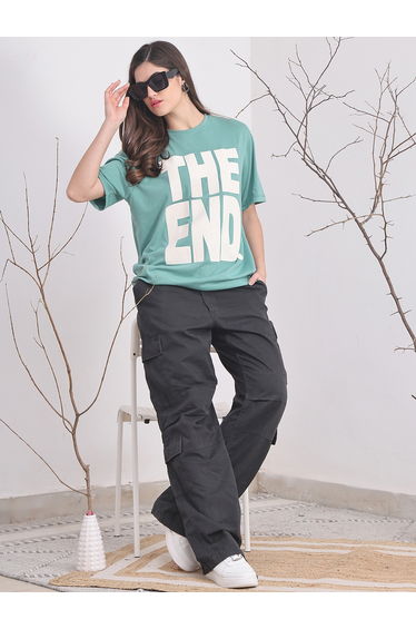 Women Teal Oversized Slogan Print T-Shirt