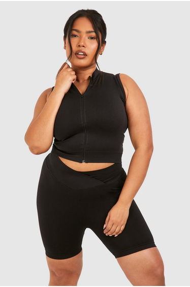 Plus Seamless High Neck Zip Up Crop Top