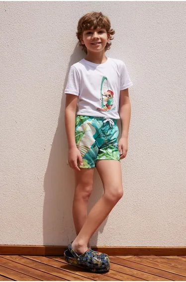 Green Standard Fit Regular Cut Quick Dry Patterned Children's Swimsuit with Pockets Swim Shorts