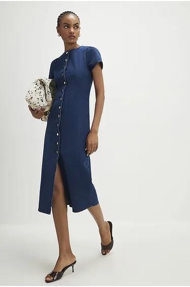 فستان ميدي دينيم بأكمام كاب بأزرار - أزرق