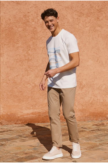 White Slim Fit Slim Fit Cotton Stretch Printed Crew Neck T-Shirt