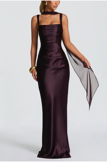 Inmaculada Brown Ruched Satin Maxi Dress