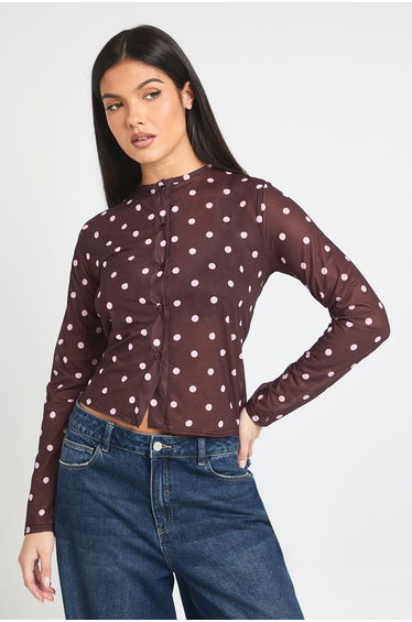 Polka Dot Print Mesh Button Through Top - chocolate