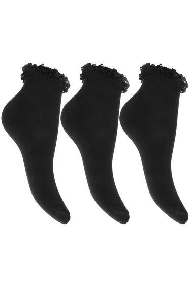 Childrens Girls Ruffled Trim School Socks (Pack Of 3) - Black
