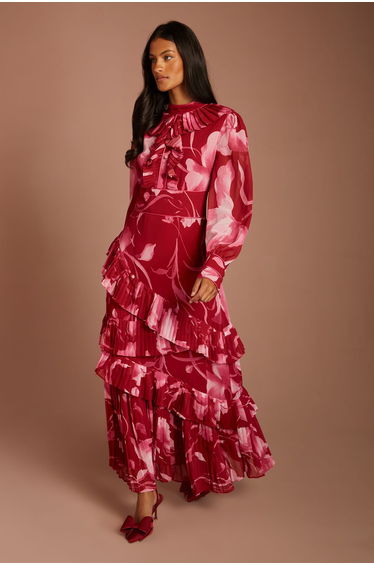 Petite Printed Long Sleeve Pleated Tiered Midaxi Dress