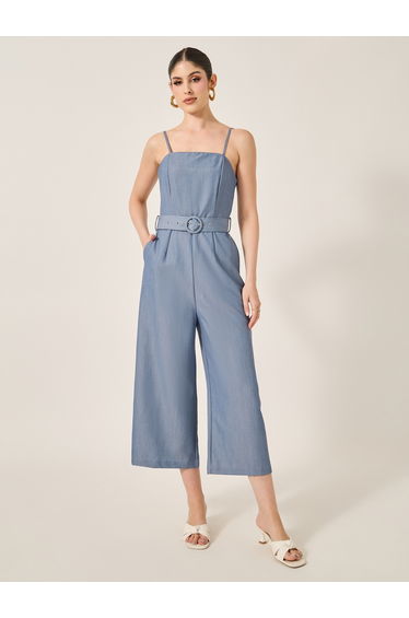 Smocked Back Belted Strappy Wide Leg Jumpsuit
