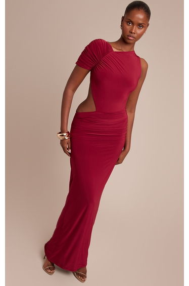 Wine Slinky One Sleeve Ruched Maxi Dress