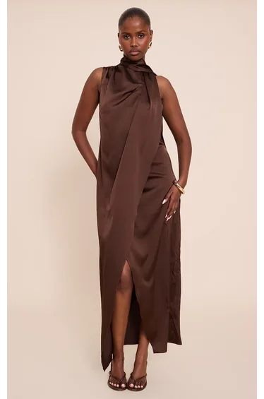 Chocolate Satin Scarf Detail Maxi Dress
