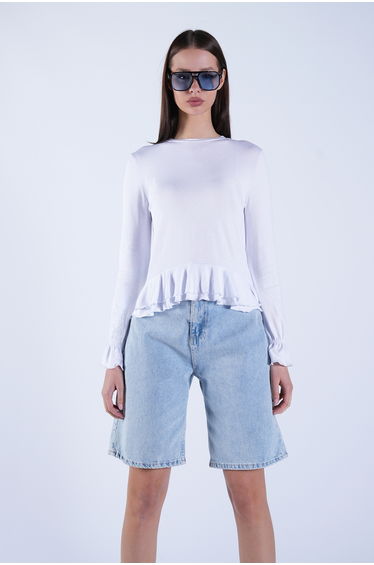 Women's White Crew Neck Skirt Ruffle Blouse