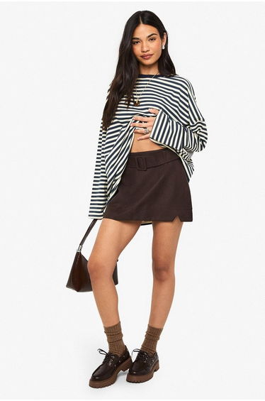 Belted Textured Mini Skirt - chocolate