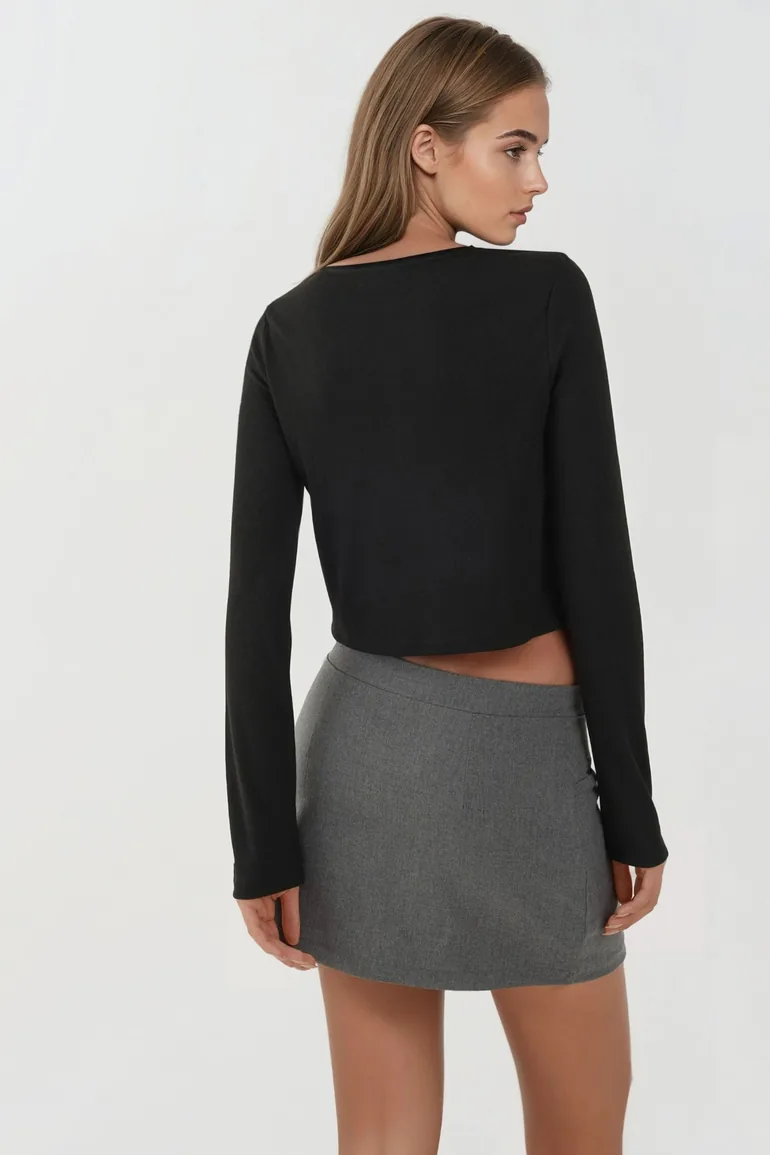 Crew Neck Basic Viscone Blended Buttoned Top - 5