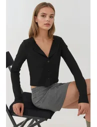 Crew Neck Basic Viscone Blended Buttoned Top - 4