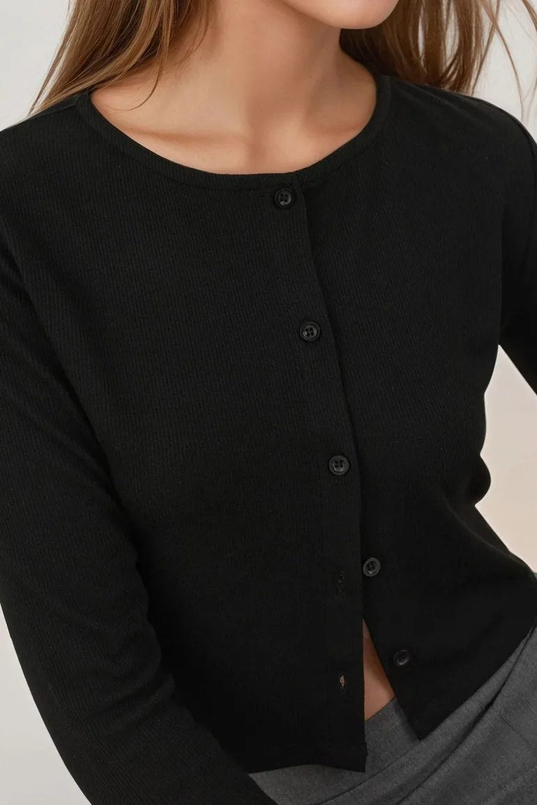 Crew Neck Basic Viscone Blended Buttoned Top - 2