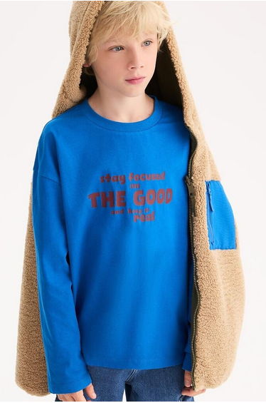Slogan Print T-Shirt with Long Sleeves