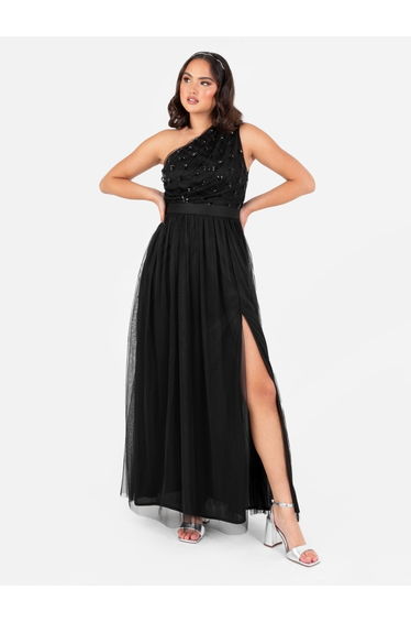 Maya Black Floral Embellished One Shoulder Floor Length Dress with Sash Belt